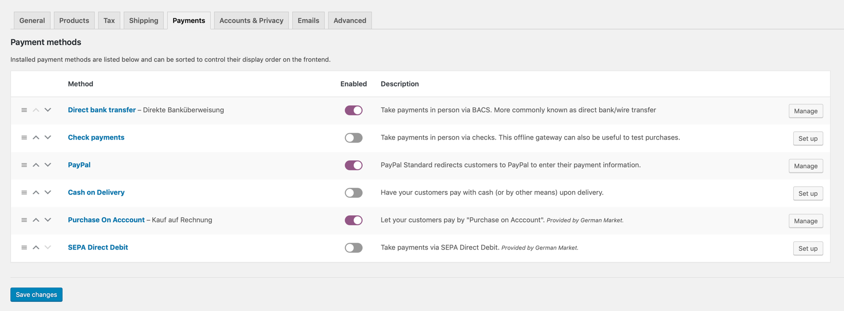 Settings dashboard of Payment options.